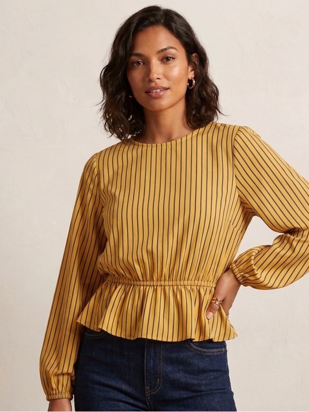 Striped Peplum Long Sleeve Blouse in Mustard With Light Grey Stipe.